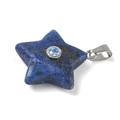 染めの天然ラピスラズリのペンダント  201ステンレススチール製マイクロパヴェキュービックジルコニア留めのスターチャーム  ステンレス鋼色  21.5x20x6.5mm  穴：6x3mm&nbsp;G-P599-06P-01