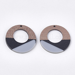 トリコロールレジン＆ウォールナットウッドペンダント  フラットラウンド  カラフル  38x3~3.5mm  穴：2mm&nbsp;RESI-S358-74A