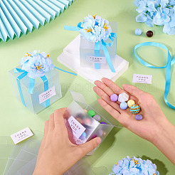 リボンと造花付きの透明なPVCキャンディギフト包装箱  結婚式用の折りたたみ収納ボックス  正方形  ライトスカイブルー  完成品：7x7x7cm&nbsp;CON-TAC0001-20B