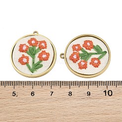 304ステンレススチール製＆刺繍入りペンダント  フラワーラウンドフラワーチャーム  ダークオレンジ  イオンプレーティング（ip）  長持ちメッキ  18KGP本金メッキ  28x25x3.5mm  穴：1.6mm&nbsp;SA-CBA1ED9-12G