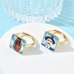 真鍮エポキシ樹脂製オープンリング（女性用）  人間と正方形  内側の紙  ラックめっき  長持ちメッキ  鉛フリー＆カドミウムフリー  18KGP本金メッキ  混合図形  15x15mm  内径：17mm&nbsp;RJEW-K264-17G