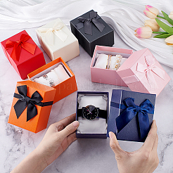 6セット6色のリボン蝶結び紙ジュエリー収納ケース、時計やブレスレット用の枕付き  長方形  ミックスカラー  10x7.5x7cm  1セット/色&nbsp;CON-PH0003-23