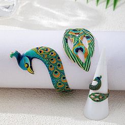 女性用鉄製エナメル孔雀カフバングル＆リングセット  ゴールドカラー  グリーン  内径：60mm&nbsp;WG60250-01