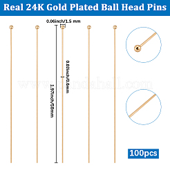 100本真鍮ボールヘッドピン  鉛フリー＆カドミウムフリー  24KGP本金メッキ  50x0.6mm  ヘッド：1.5mm&nbsp;KK-BBC0024-33