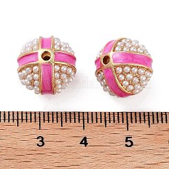 合金エナメルビーズ  ABSの模造パールと  金色。丸い  濃いピンク  13.5x13.5mm  穴：2mm&nbsp;FIND-E046-11G-02