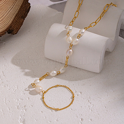 エレガントな天然淡水真珠ビーズリンクリングブレスレット  女性用304ステンレススチールペーパークリップチェーンブレスレット  18KGP本金メッキ  内径：2.76インチ（7cm）&nbsp;KX0637