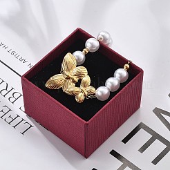 イオンプレーティング（IP）304ステンレススチールリンクブレスレット（女性用）  プラスチックパール付き  蝶  18KGP本金メッキ  7-1/4インチ（18.5cm）&nbsp;BJEW-P345-03G