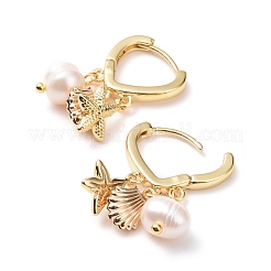 ヒトデ＆シェル＆ナチュラルパールドロップハギーフープピアス  女性のための真鍮のアクセサリー  ゴールドカラー  26.5mm  ピン：0.8mm&nbsp;EJEW-JE04756