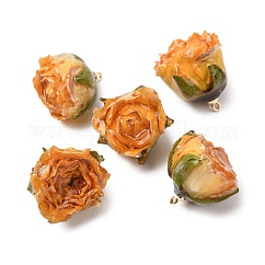真鍮エポキシ樹脂ペンダント  内側にドライフラワーのペンダント  バラの花のチャーム  金色のループ付き  ゴールド  19~27x21~27x19~28.5mm  穴：1.6mm
