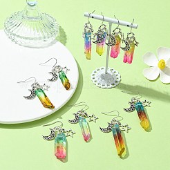 染色天然水晶クリスタル弾丸ダングルイヤリング  ムーン＆スター合金ロングドロップイヤリング  ミックスカラー  50~65x5~12mm&nbsp;EJEW-JE05521