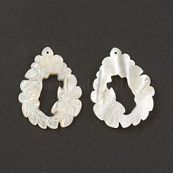 天然石ホワイトシェルペンダント  花のチャームが付いたティアドロップ  33x26x3mm  穴：0.8mm&nbsp;SSHEL-T012-16
