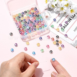 8色プリント透明アクリルビーズ160個  ナザールボンジュウ付きフラットラウンド  ミックスカラー  7x4mm  穴：1.8mm  20個/カラー&nbsp;TACR-YW0003-49