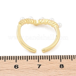 女性用ハート真鍮オープンカフリング  プラスチック模造真珠付き  18KGP本金メッキ  ホワイト  5.5mm  調整可能&nbsp;RJEW-R011-02G
