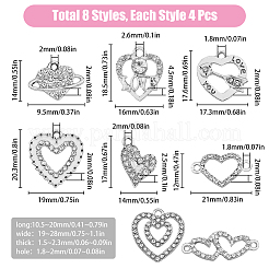32個 8スタイル 合金クリスタル ラインストーンペンダント  ハートチャーム  プラチナ  10.5~20.3x9.5~28x1.5~4.5mm  穴：1.8~2.6mm  4 個/スタイル&nbsp;FIND-FH0007-95