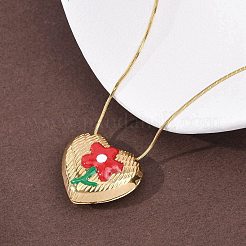 304ステンレススチール製エナメルハートとフラワーペンダントネックレス（女性用）  ゴールドカラー  レッド  16.02インチ（40.7cm）&nbsp;NJEW-D347-01G-03