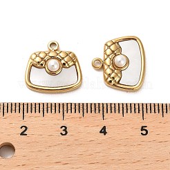 304ステンレススチールパヴェシェルバッグチャーム  ABS模造パールビーズ付き  14KGP本金メッキ  13.5x14.5x4.5mm  穴：1.6mm&nbsp;STAS-L022-073G