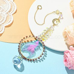 真鍮アズキチェーンペンダント装飾  魚とファセットガラスのチャームが付いた真鍮のリンクコネクターー  家の装飾用  ゴールドカラー  310mm&nbsp;HJEW-TA00146