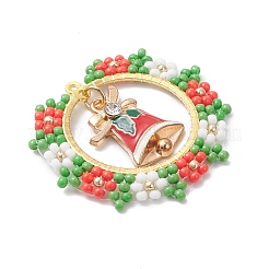 手作りのガラスシードビーズのクリスマスリースとクリスマスベルのペンダント  真鍮のコネクターチャームと合金のエナメルペンダント付き  カラフル  34x38x4mm  穴：1.4mm&nbsp;PALLOY-MZ01068