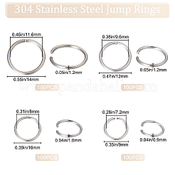 400個 4スタイル 304ステンレススチールオープン丸カン  ラウンド  ステンレス鋼色  9~14x0.9~1.2mm  内径：7.2~11.6mm  100個/スタイル&nbsp;STAS-BBC0002-90