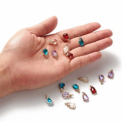 ガラスチャーム  金色の真鍮のオープンバックセッティング  ティアドロップ  ミックスカラー  17x8.5x5mm  穴：1mm&nbsp;GLAA-T010-007