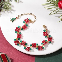 女性用クリスマスガラスビーズブレスレット  合金と真鍮の金具が付いた花  カラフル  6-5/8インチ（16.8cm）&nbsp;BJEW-MZ00239