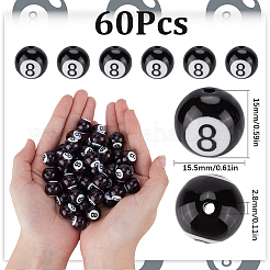 60個の不透明なアクリルビーズ  ビリヤード  ブラック  15.5x15mm  穴：2.8mm&nbsp;OACR-SP0001-12