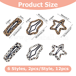 布製スナップヘアクリップ12個、6スタイル  合金と  ヒョウ  混合図形  52.5~72x23.5~56x2.5mm  2個/スタイル&nbsp;OHAR-HS0001-01