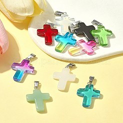 10 個 10 色のガラスペンダント  白金鉄パーツ  クロスチャーム  プラチナ  ミックスカラー  29x18x5.5mm  穴：7x3.5mm  1個/カラー&nbsp;GLAA-FS0001-83