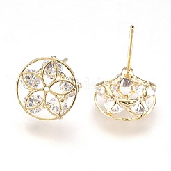 真鍮製スタンドピアス  キュービックジルコニア付き  ニッケルフリー  花付きフラットラウンド  透明  18KGP本金メッキ  12x3mm  ピン：0.8mm&nbsp;EJEW-P155-02G-NF