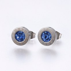 304ステンレススチールスタッドピアス  ラインストーン付き  ローマ数字とフラットラウンド  ミックスカラー  9x3.5mm  ピン：0.8mm  12のペア/カード&nbsp;EJEW-H362-10P-B