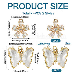 4 個 2 スタイル透明ガラスペンダント  金色のトーン真鍮のパーツと  蝶＆花  透明  15~16x14.5~19x4.5~6mm  穴：1~3.5mm  2個/スタイル&nbsp;FIND-TADJ0001-01