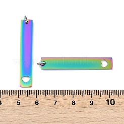 イオンプレーティング（IP）304ステンレスペンダント  丸カン付き  手動研磨  ハートチャーム付き長方形  虹色  40x7x1.5mm  穴：3mm&nbsp;LS-STAS-I311-13RC