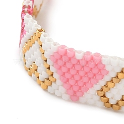 女性用ガラスシードビーズブレスレット  ハート  ピンク  6-1/8インチ（15.4cm）&nbsp;BJEW-MZ00213