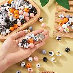 160スタイルプリントの猫と犬のウッドビーズ11個。  ラウンド  ミックスカラー  16x15~16mm  穴：3.5~4mm&nbsp;WOOD-TA0001-74