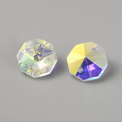 ガラス縫い付けラインストーン120個  八角形  多面カット  クリアAB  14x14x8mm  穴：1.6mm&nbsp;GLAA-SP0001-86