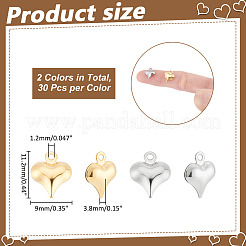 60個2色304ステンレススチールチャーム  膨らんだ心  ゴールデン·ステンレス鋼色  11.2x9x3.8mm  穴：1.2mm  30個/カラー&nbsp;STAS-HY0001-98