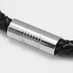編み込みレザーコードブレスレット  304ステンレススチール製マグネット留め具付き  ブラック  200x6mm&nbsp;BJEW-I199-02