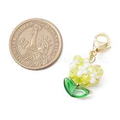 花のガラスのペンダントの装飾  304ステンレススチールのロブスタークロウ留め金付き  黄緑  40mm&nbsp;HJEW-MZ00218-01