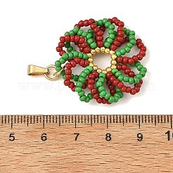 クリスマスガラスシードビーズペンダント  クリスマスリースチャーム  304ステンレススチールスナップオンベイル付き  グリーン  30x4mm  穴：5x3mm&nbsp;PALLOY-MZ01456