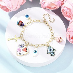 真鍮アズキチェーンチャームブレスレット  女性用プリント合金、ミルフィオリガラス、淡水貝チャームブレスレット  ゴールドカラー  6-3/4インチ（17.3cm）&nbsp;BJEW-JB12565