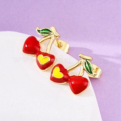 チェリー真鍮スタッドピアス  エナメル  長持ちメッキ  鉛フリー＆カドミウムフリー  18KGP本金メッキ  13x13mm&nbsp;EJEW-H158-03G