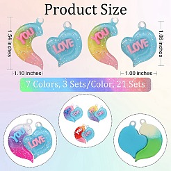 21 セット 7 色のグラデーションカラー不透明樹脂ペンダント  グリッターパウダー付き  カップル ハート チャーム with word love you  ミックスカラー  39x38.5x5.5mm  穴：3.5mm  3セット/カラー&nbsp;RESI-SZ0001-90