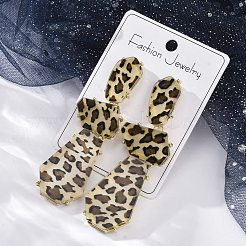 合金アクリルダングルスタッドピアス  ポリゴンの長いヒョウ柄  ゴールドカラー  83x28mm&nbsp;LS-EJEW-M075-01G-04