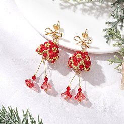 クリスマスベル真鍮ガラスダングルスタッドピアス3組  ガラスパールビーズとキュービックジルコニア付き  ゴールドカラー  ミックスカラー  54~56x19mm&nbsp;EJEW-MZ00612