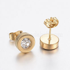 304ステンレススチールスタッドピアス  ラインストーン付き  フラットラウンド  ゴールドカラー  9x3.5mm  ピン：0.8mm&nbsp;EJEW-H357-06G