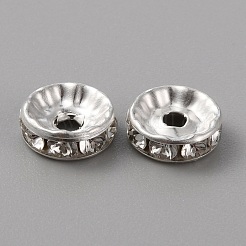 合金ラインストーンスペーサービーズ50個。  フラットラウンド/ディスク  銀  クリスタル  10x3.5mm  穴：2mm&nbsp;ALRI-SZC0003-05S-07