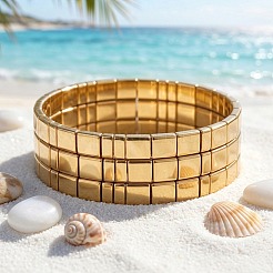 ヴィンテージ ボヘミアン ガラス タイル ビーズ ストレッチ タイル ブレスレット セット  3連で調節可能な重ね付けブレスレット  ゴールド  6.89インチ（17.5cm）  3個/セット&nbsp;LR1925-1