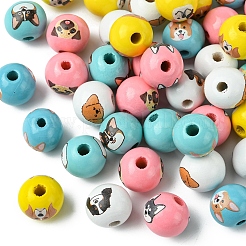 50個 10色木製ヨーロピアンビーズ  ミックス犬柄のラウンド  ミックスカラー  16x15mm  穴：4.5mm  5個/カラー&nbsp;WOOD-FS0001-26