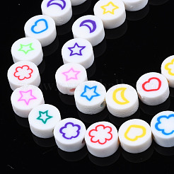 手作り樹脂粘土ビーズ連売り  花と月と星とハートのフラットラウンド  ミックスカラー  9~9.5x4~4.5mm  穴：1.6mm  約40個/連  14.80インチ〜15.16インチ（37.6~38.5cm）&nbsp;CLAY-T020-29