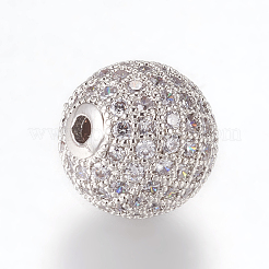真鍮製マイクロパヴェキュービックジルコニアビーズ  ラウンド  プラチナ  透明  12mm  穴：2.5mm&nbsp;ZIRC-E134-12mm-04P